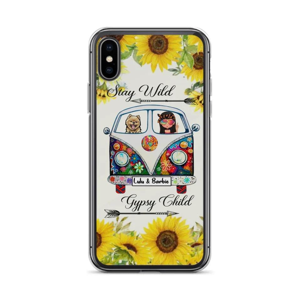 Personalized Hippie Girl Phone Case - Girl with up to 3 Pets - Phone case for iPhone, Samsung and Xiaomi