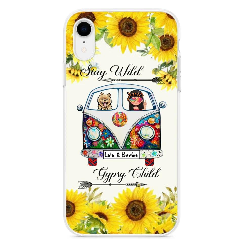 Personalized Hippie Girl Phone Case - Girl with up to 3 Pets - Phone case for iPhone, Samsung and Xiaomi