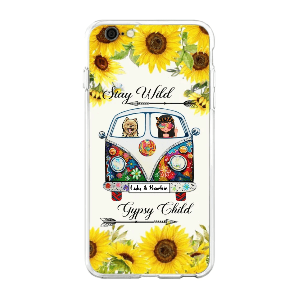 Personalized Hippie Girl Phone Case - Girl with up to 3 Pets - Phone case for iPhone, Samsung and Xiaomi