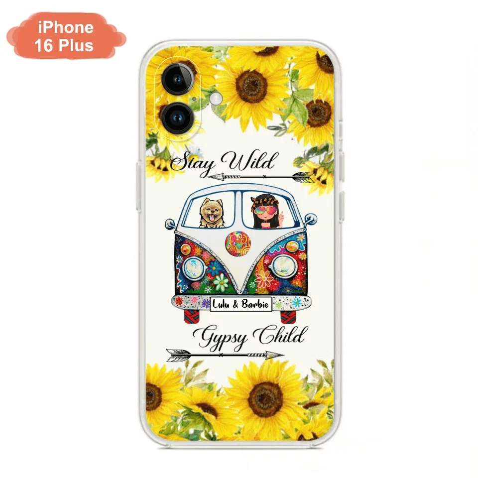 Personalized Hippie Girl Phone Case - Girl with up to 3 Pets - Phone case for iPhone, Samsung and Xiaomi