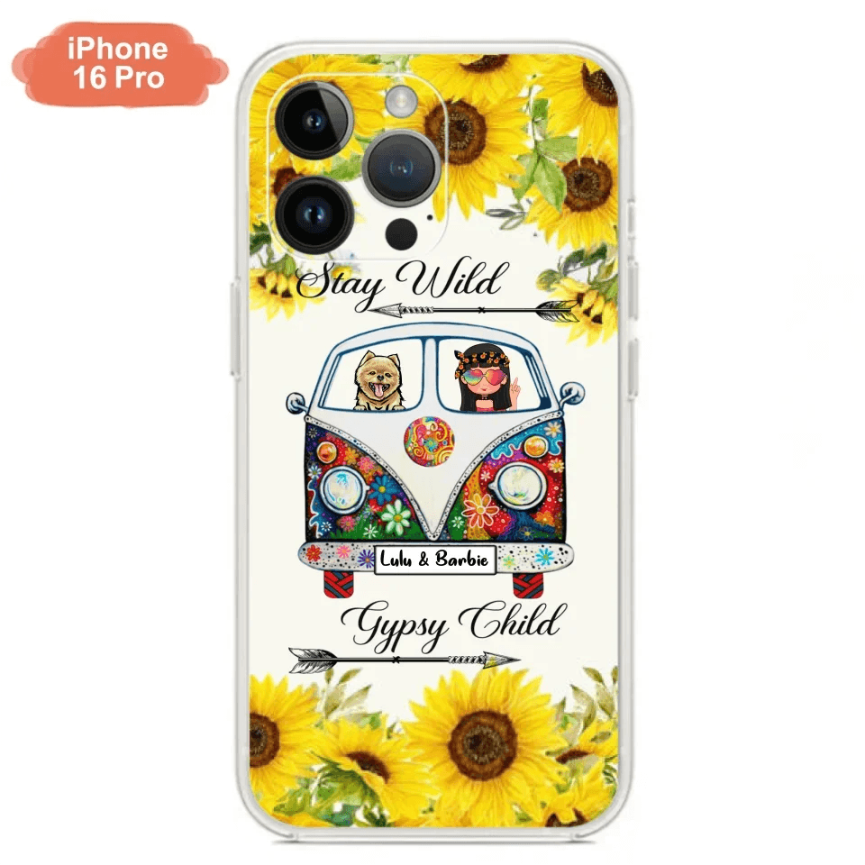 Personalized Hippie Girl Phone Case - Girl with up to 3 Pets - Phone case for iPhone, Samsung and Xiaomi