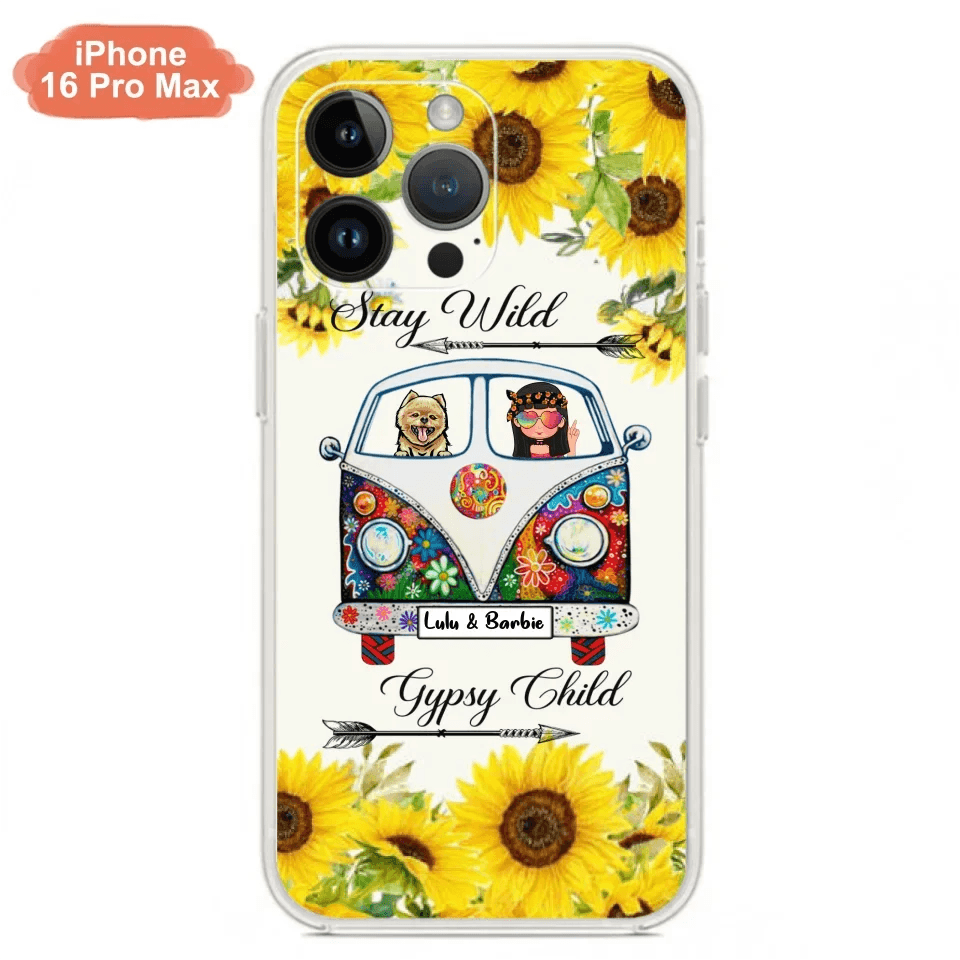 Personalized Hippie Girl Phone Case - Girl with up to 3 Pets - Phone case for iPhone, Samsung and Xiaomi