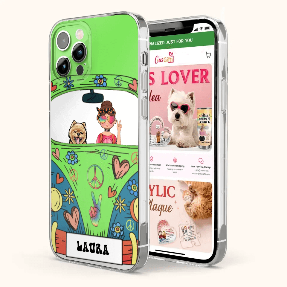 Personalized Hippie Girl Phone Case - Girl with up to 3 Pets - Case for iPhone, Samsung and Xiaomi