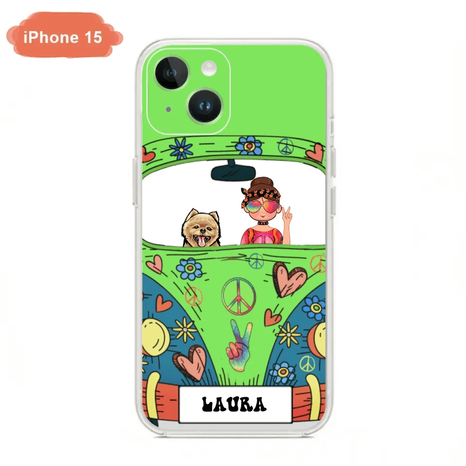 Personalized Hippie Girl Phone Case - Girl with up to 3 Pets - Case for iPhone, Samsung and Xiaomi