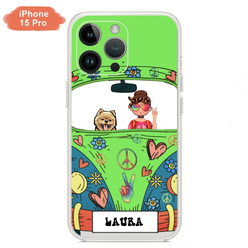 Personalized Hippie Girl Phone Case - Girl with up to 3 Pets - Case for iPhone, Samsung and Xiaomi