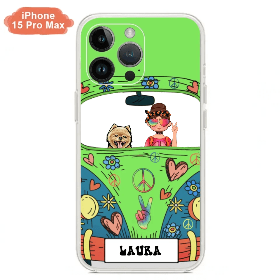 Personalized Hippie Girl Phone Case - Girl with up to 3 Pets - Case for iPhone, Samsung and Xiaomi