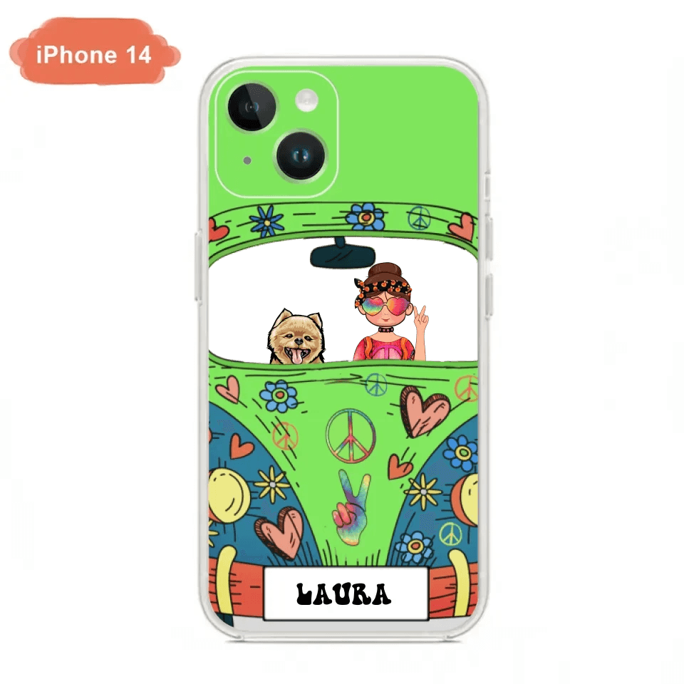 Personalized Hippie Girl Phone Case - Girl with up to 3 Pets - Case for iPhone, Samsung and Xiaomi