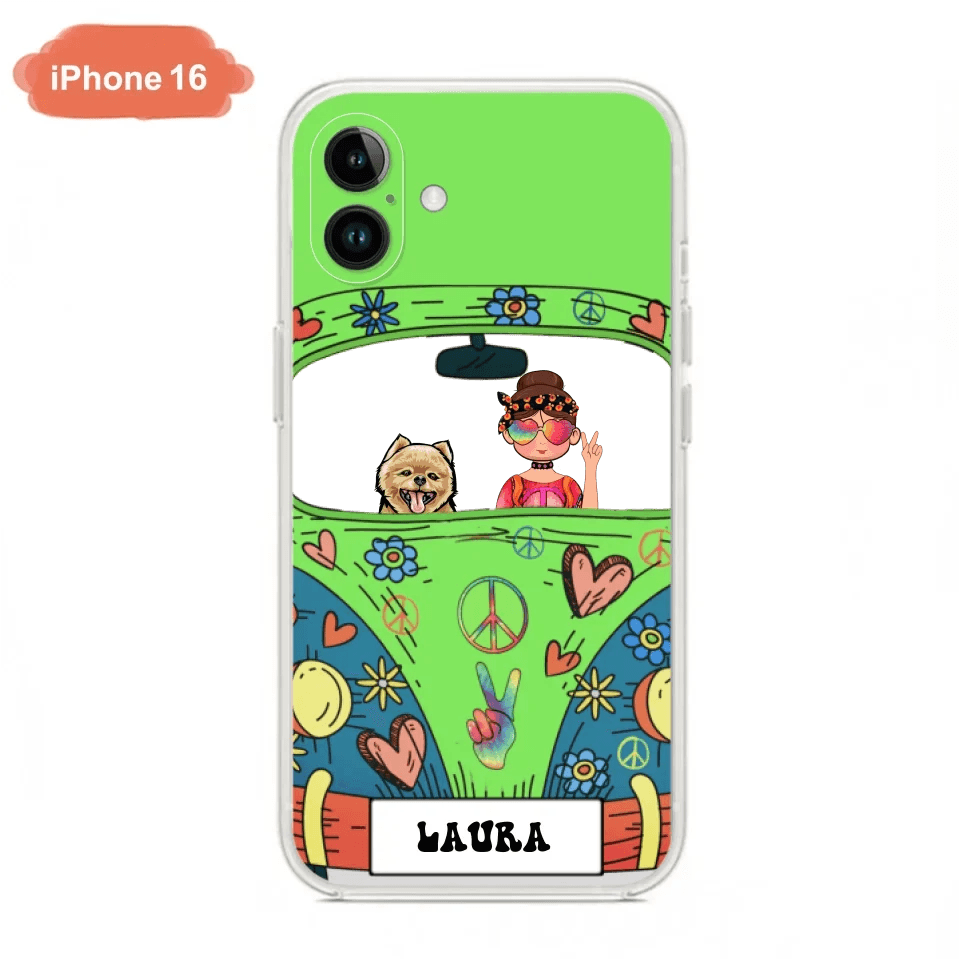 Personalized Hippie Girl Phone Case - Girl with up to 3 Pets - Case for iPhone, Samsung and Xiaomi