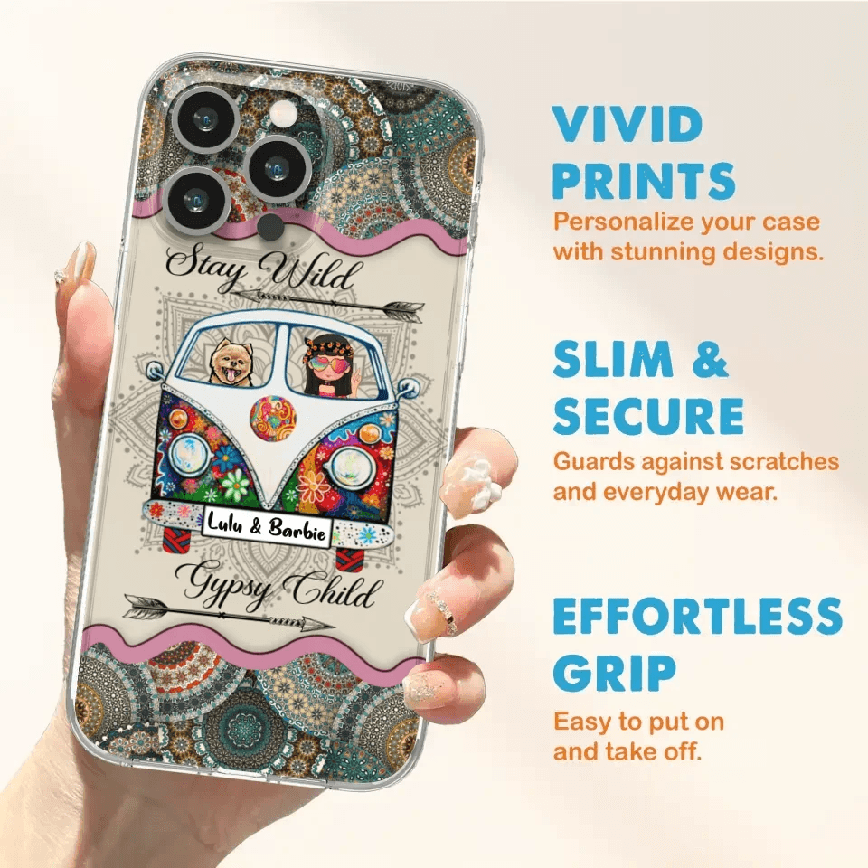 Personalized Hippie Phone Case - Girl with up to 3 Pets - Stay wild gypsy child