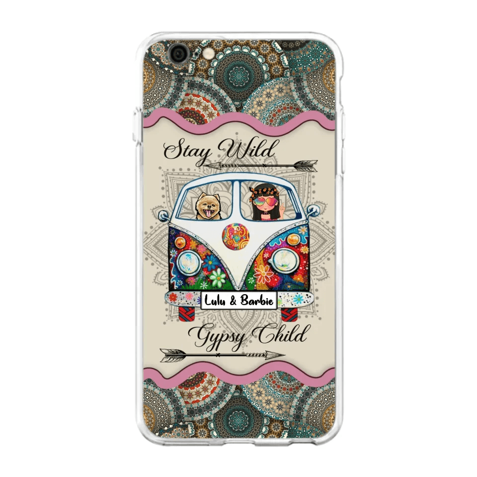 Personalized Hippie Phone Case - Girl with up to 3 Pets - Stay wild gypsy child