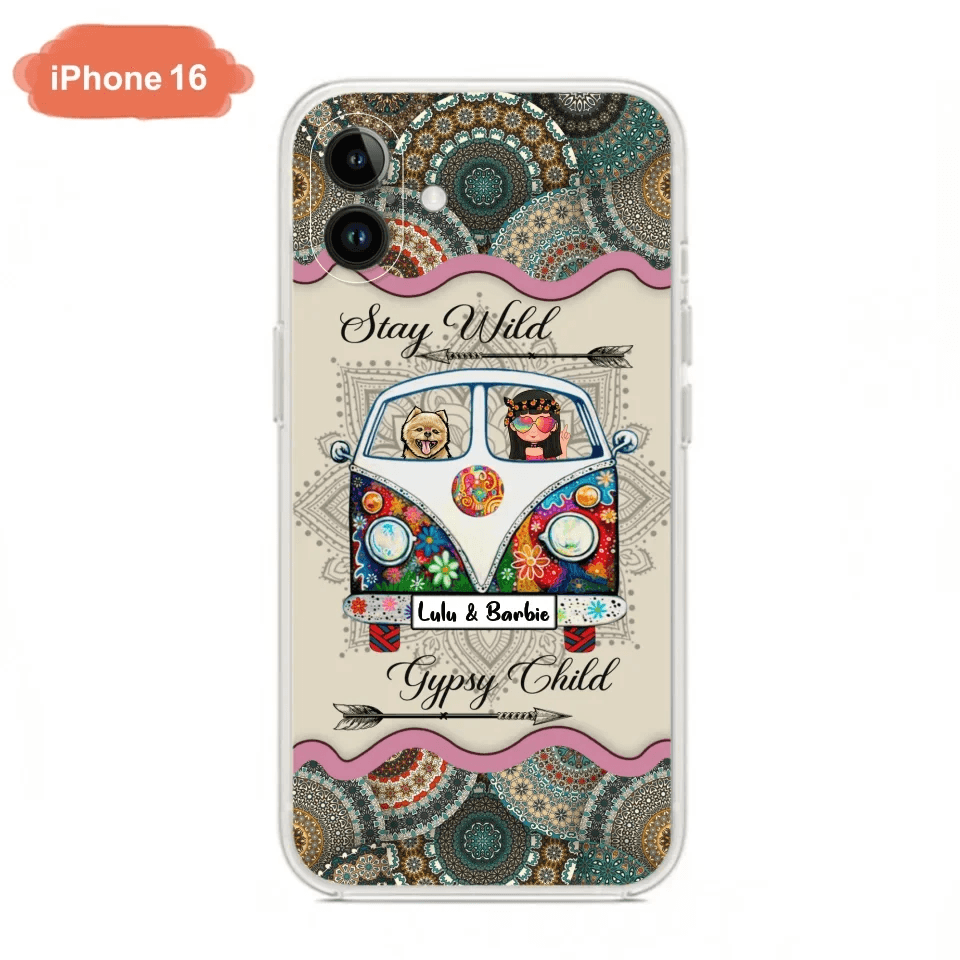 Personalized Hippie Phone Case - Girl with up to 3 Pets - Stay wild gypsy child