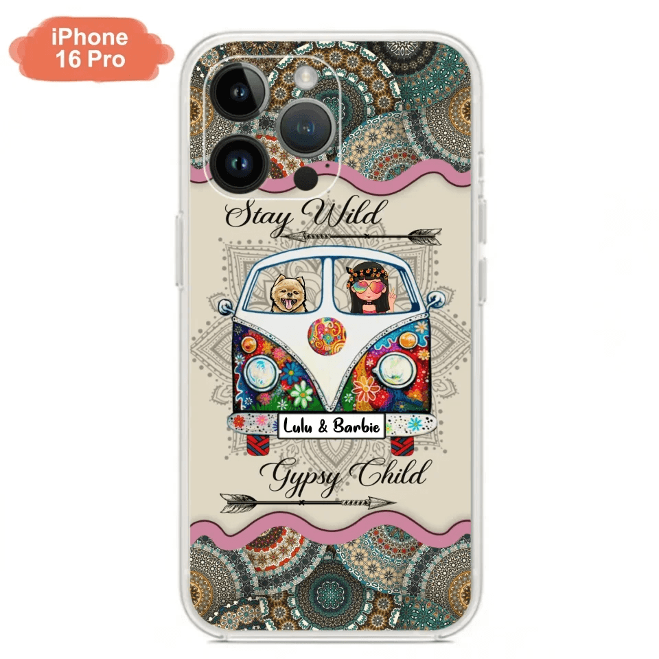 Personalized Hippie Phone Case - Girl with up to 3 Pets - Stay wild gypsy child