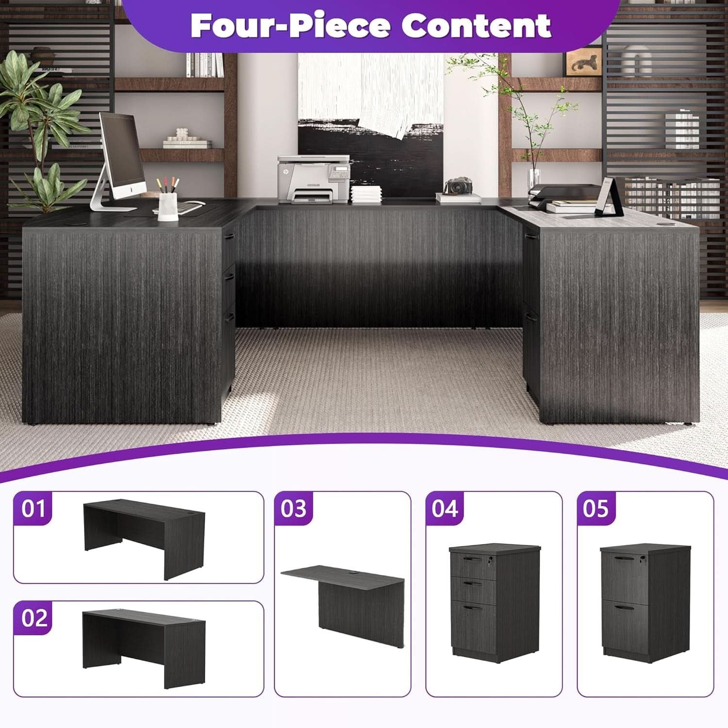 67 Inch U Shaped Executive Desk With 2 Storage Cabinets