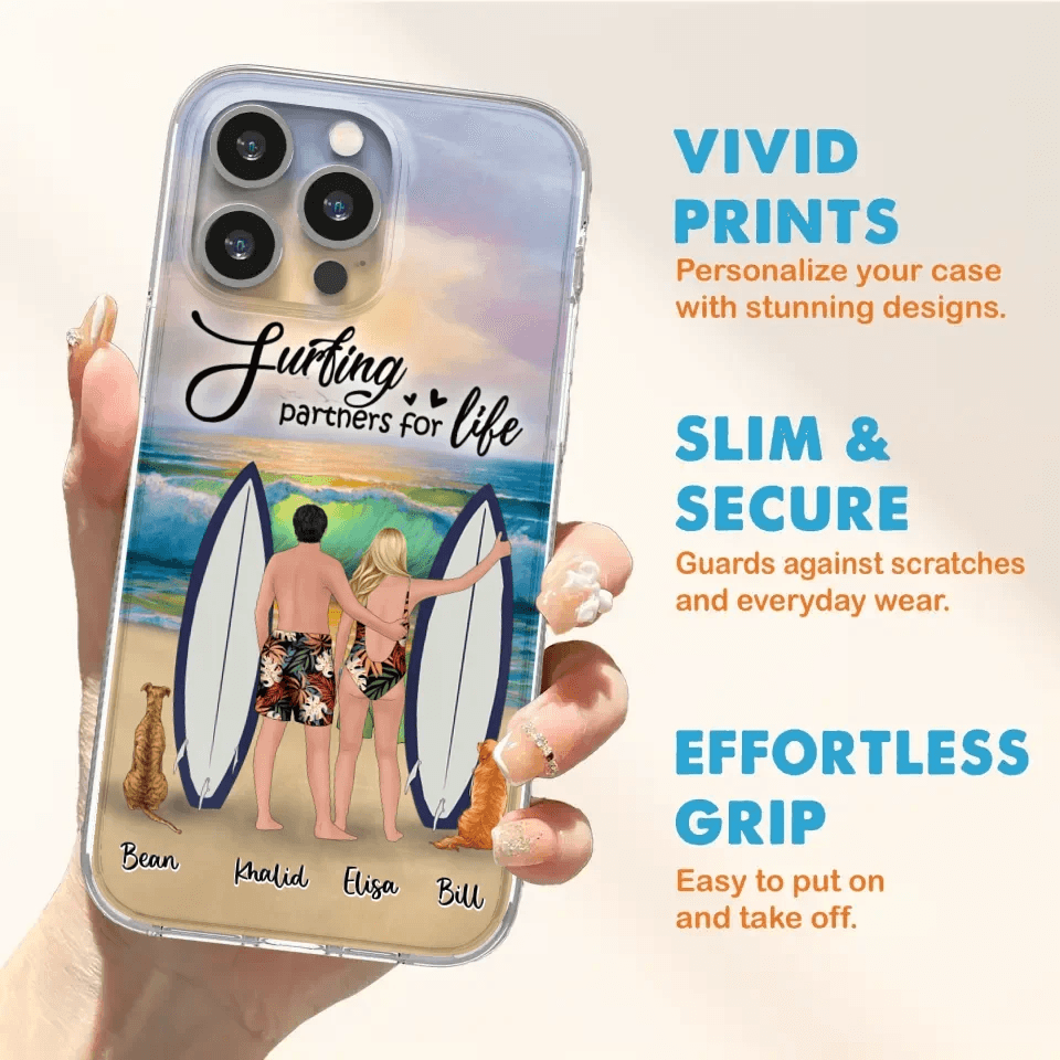 Custom Personalized Surfing Phone Case - Couple And 2 Pets - Phone Case For iPhone and Samsung - Surfing Partners For Life - CCS180