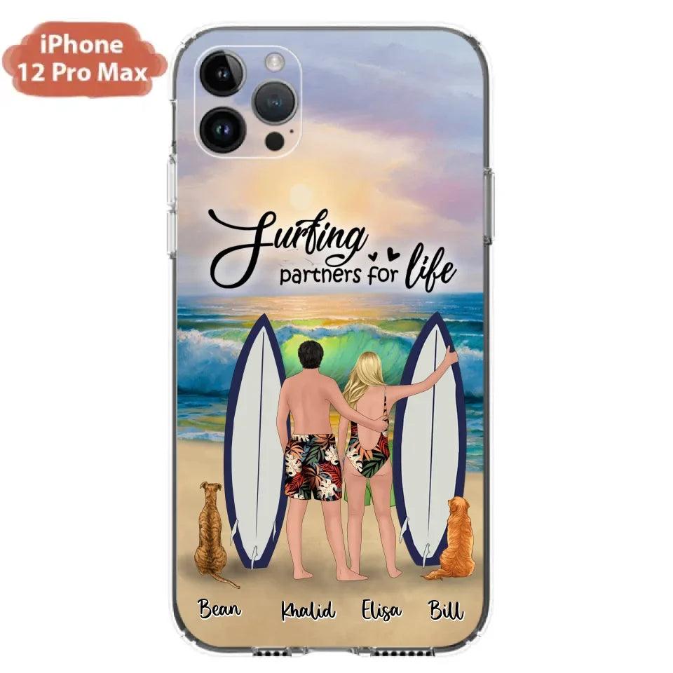 Custom Personalized Surfing Phone Case - Couple And 2 Pets - Phone Case For iPhone and Samsung - Surfing Partners For Life - CCS180
