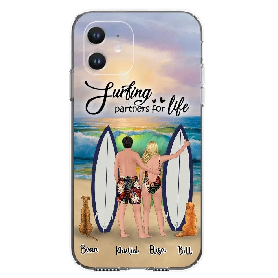 Custom Personalized Surfing Phone Case - Couple And 2 Pets - Phone Case For iPhone and Samsung - Surfing Partners For Life - CCS180