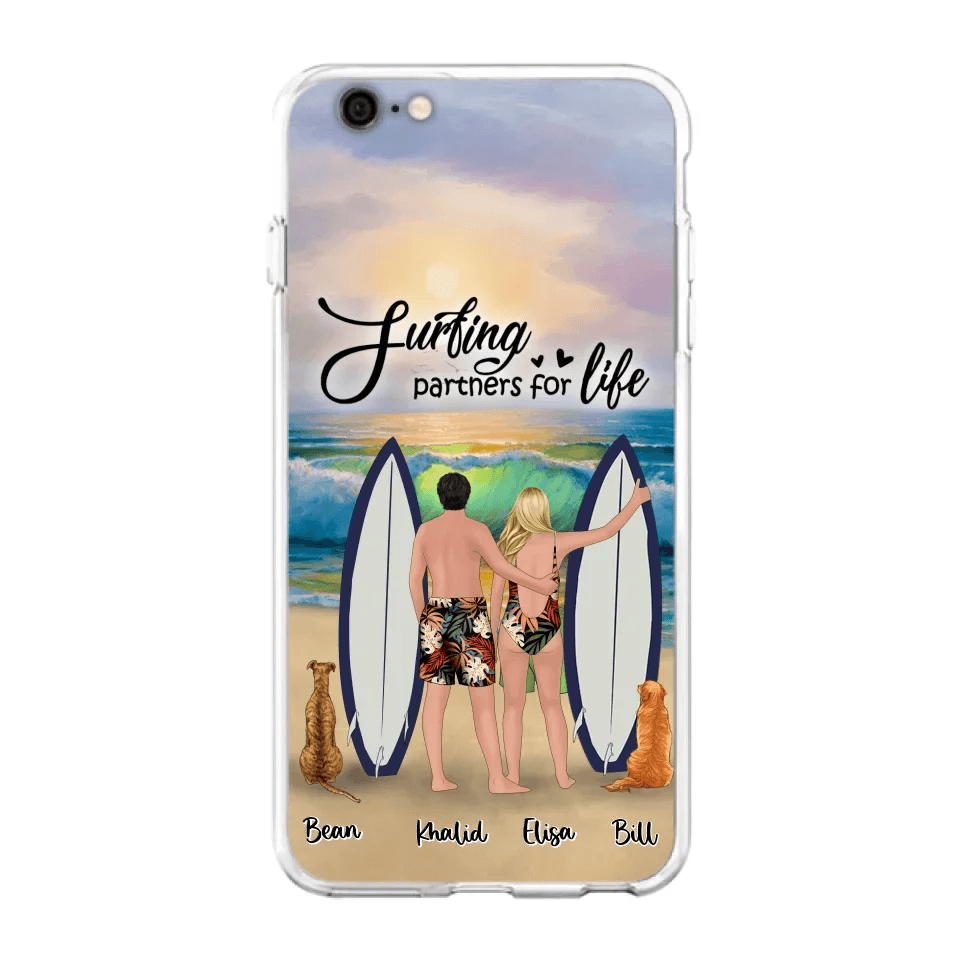 Custom Personalized Surfing Phone Case - Couple And 2 Pets - Phone Case For iPhone and Samsung - Surfing Partners For Life - CCS180