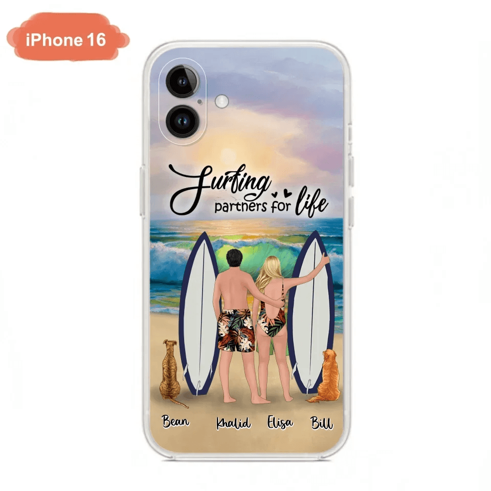 Custom Personalized Surfing Phone Case - Couple And 2 Pets - Phone Case For iPhone and Samsung - Surfing Partners For Life - CCS180