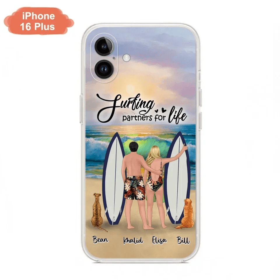Custom Personalized Surfing Phone Case - Couple And 2 Pets - Phone Case For iPhone and Samsung - Surfing Partners For Life - CCS180