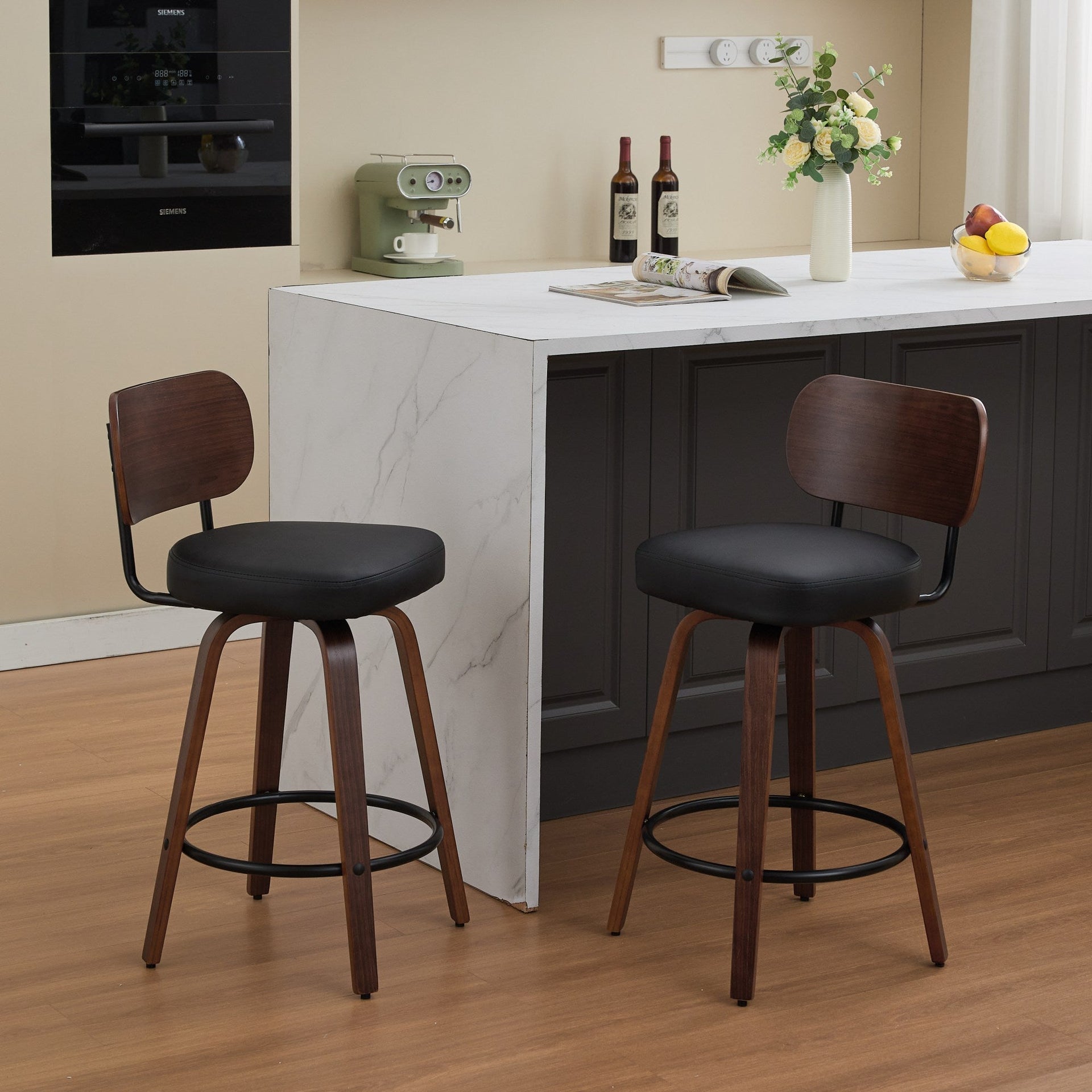 Black PU Leather and Walnut Bentwood Swivel Bar Stool Set