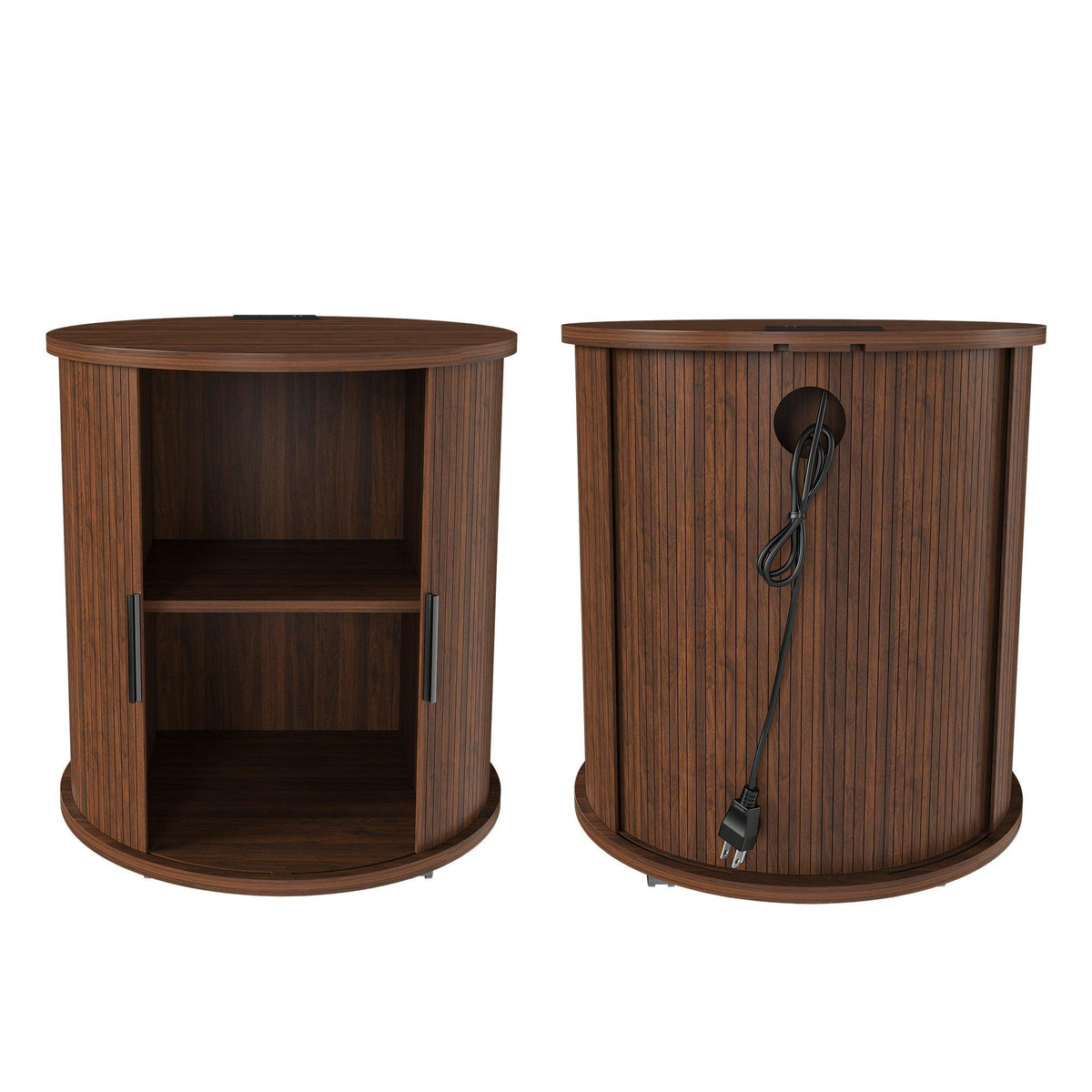 Walnut Mid-Century Modern Nightstand Set with Charging Station – Round Side Tables (Set of 2)
