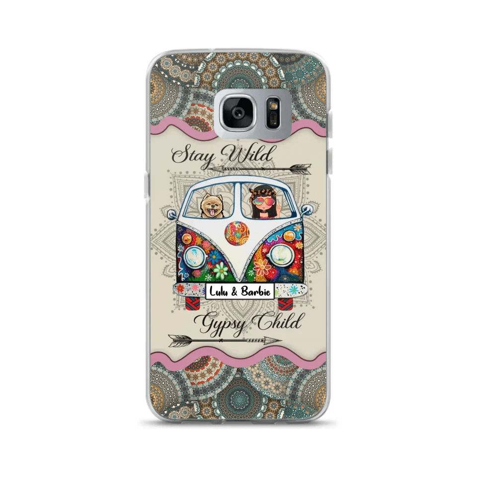 Personalized Hippie Phone Case - Girl with up to 3 Pets - Stay wild gypsy child