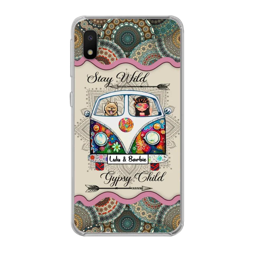 Personalized Hippie Phone Case - Girl with up to 3 Pets - Stay wild gypsy child