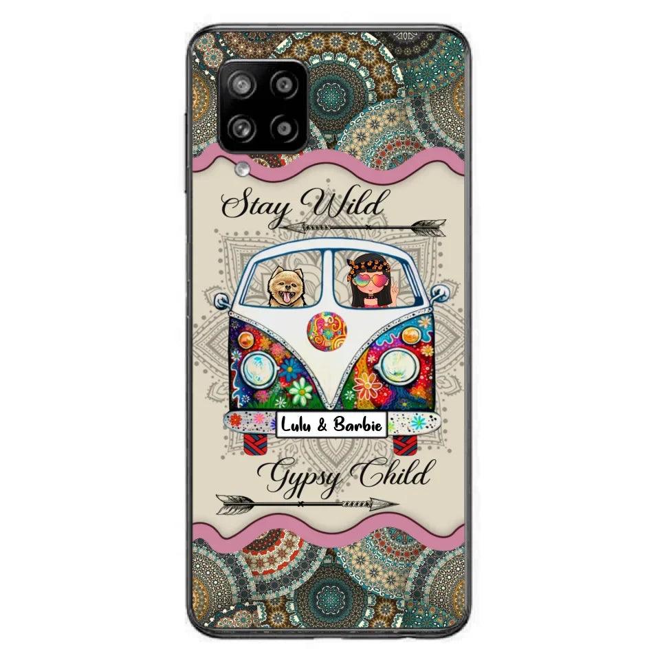 Personalized Hippie Phone Case - Girl with up to 3 Pets - Stay wild gypsy child