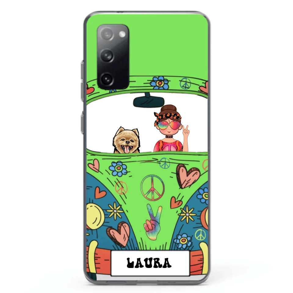 Personalized Hippie Girl Phone Case - Girl with up to 3 Pets - Case for iPhone, Samsung and Xiaomi
