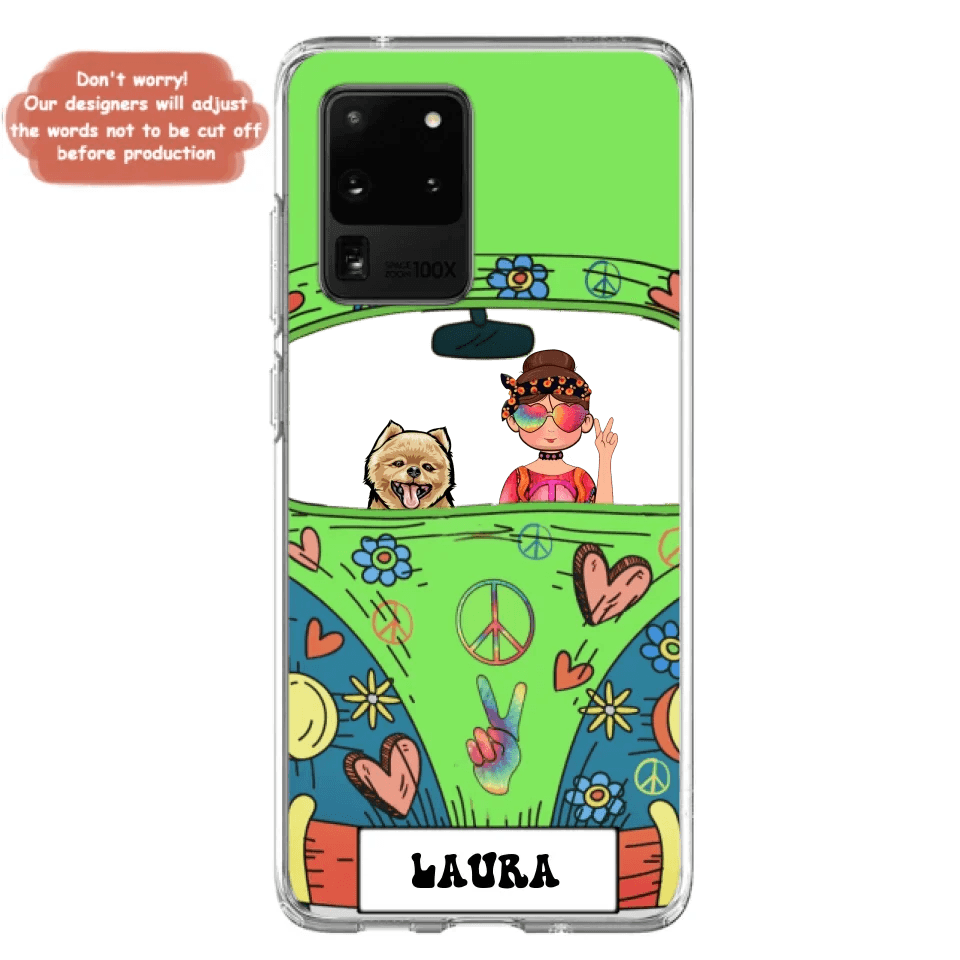 Personalized Hippie Girl Phone Case - Girl with up to 3 Pets - Case for iPhone, Samsung and Xiaomi