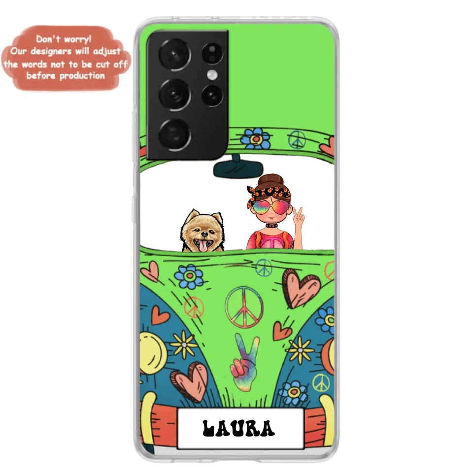 Personalized Hippie Girl Phone Case - Girl with up to 3 Pets - Case for iPhone, Samsung and Xiaomi