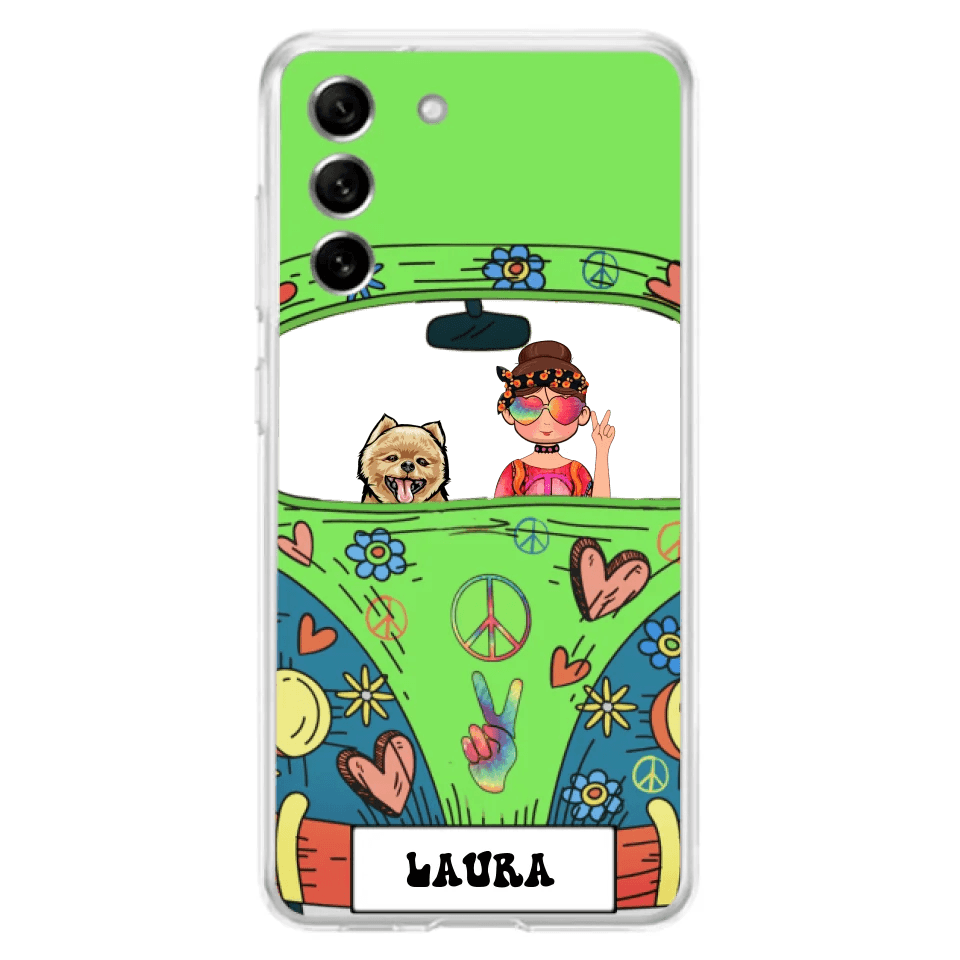 Personalized Hippie Girl Phone Case - Girl with up to 3 Pets - Case for iPhone, Samsung and Xiaomi