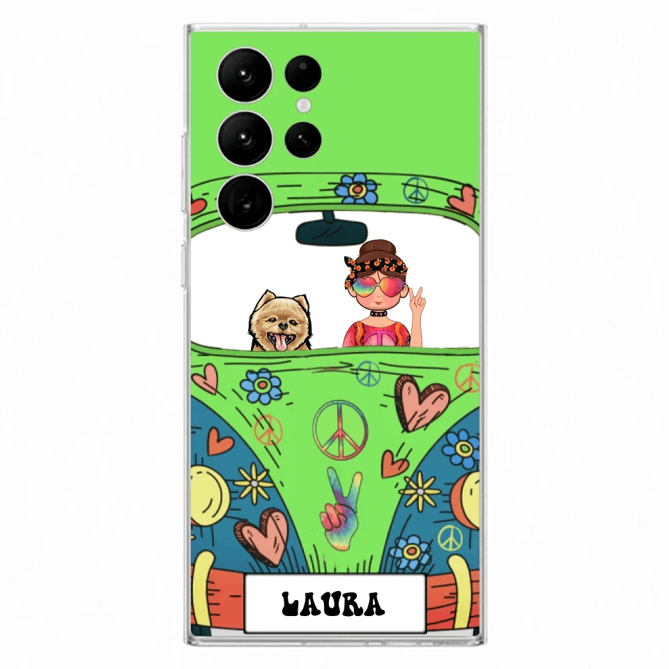 Personalized Hippie Girl Phone Case - Girl with up to 3 Pets - Case for iPhone, Samsung and Xiaomi