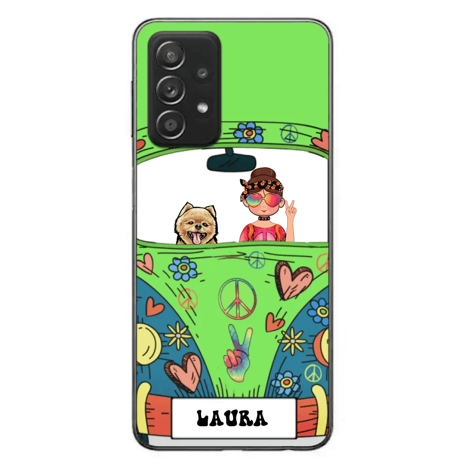 Personalized Hippie Girl Phone Case - Girl with up to 3 Pets - Case for iPhone, Samsung and Xiaomi
