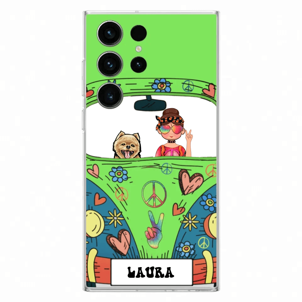 Personalized Hippie Girl Phone Case - Girl with up to 3 Pets - Case for iPhone, Samsung and Xiaomi