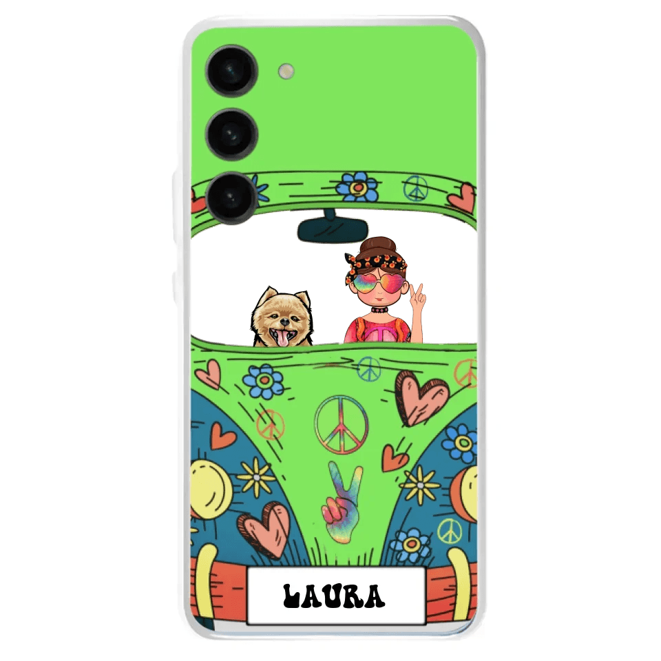 Personalized Hippie Girl Phone Case - Girl with up to 3 Pets - Case for iPhone, Samsung and Xiaomi
