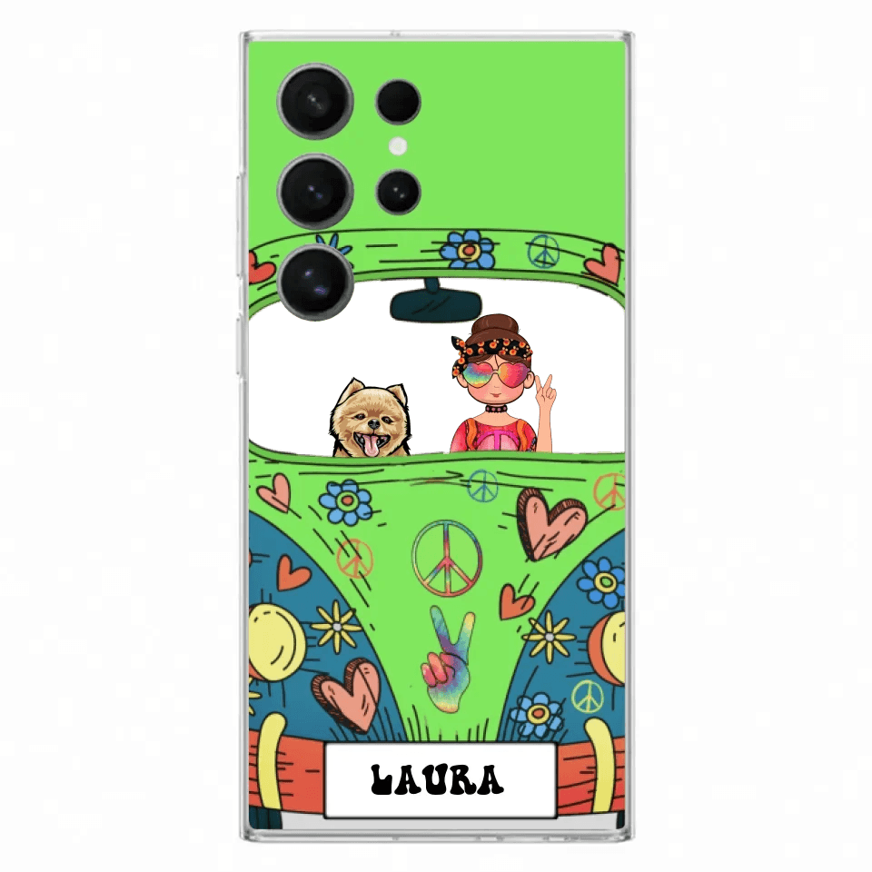 Personalized Hippie Girl Phone Case - Girl with up to 3 Pets - Case for iPhone, Samsung and Xiaomi
