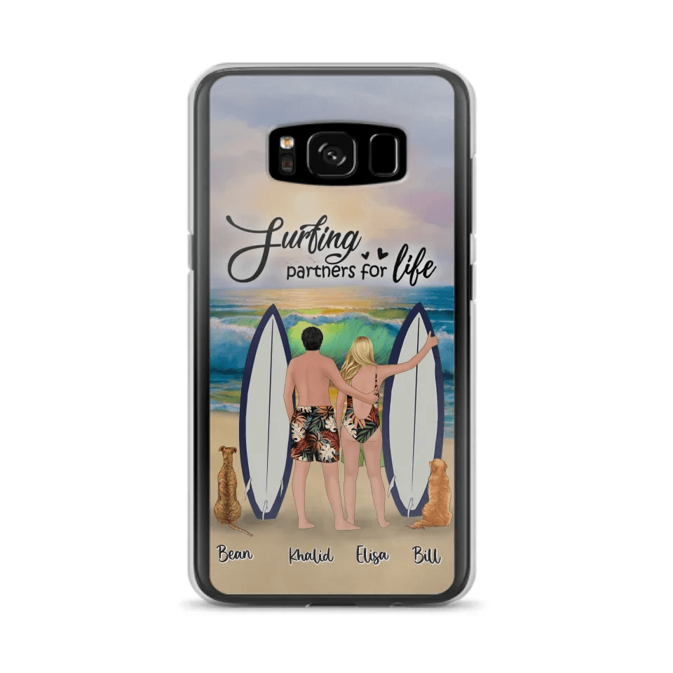 Custom Personalized Surfing Phone Case - Couple And 2 Pets - Phone Case For iPhone and Samsung - Surfing Partners For Life - CCS180