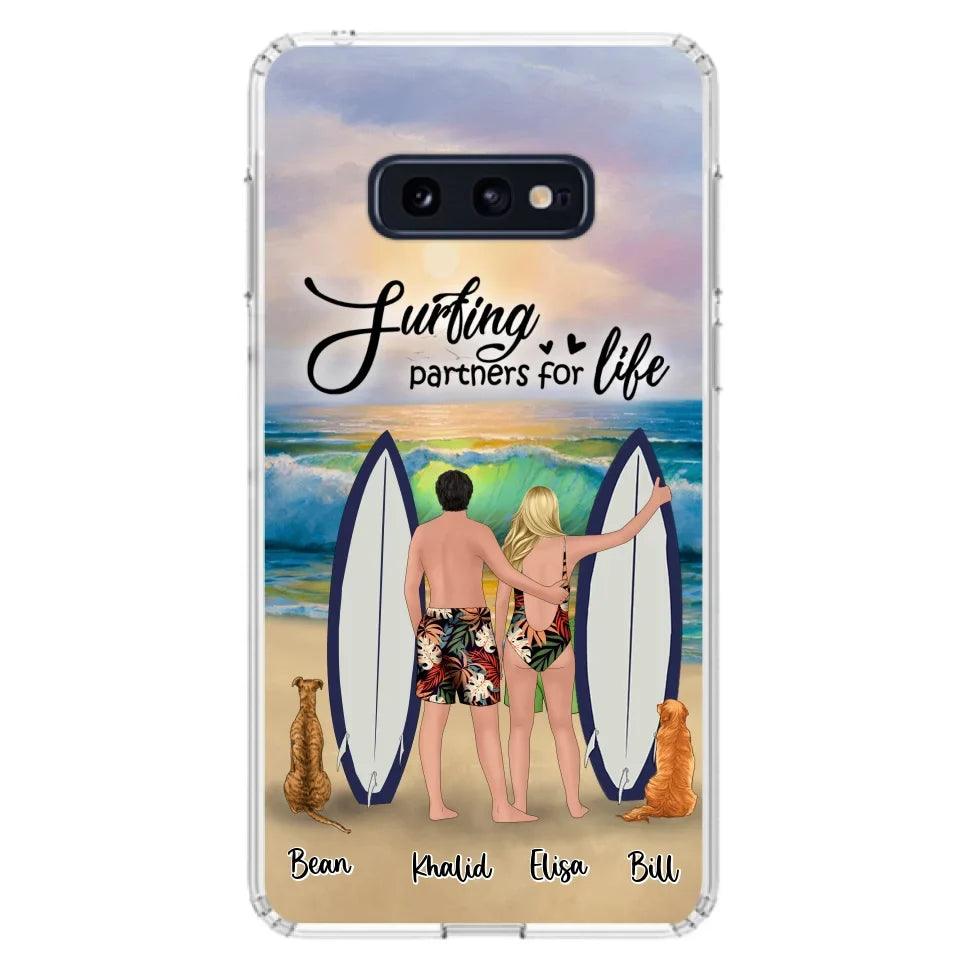 Custom Personalized Surfing Phone Case - Couple And 2 Pets - Phone Case For iPhone and Samsung - Surfing Partners For Life - CCS180