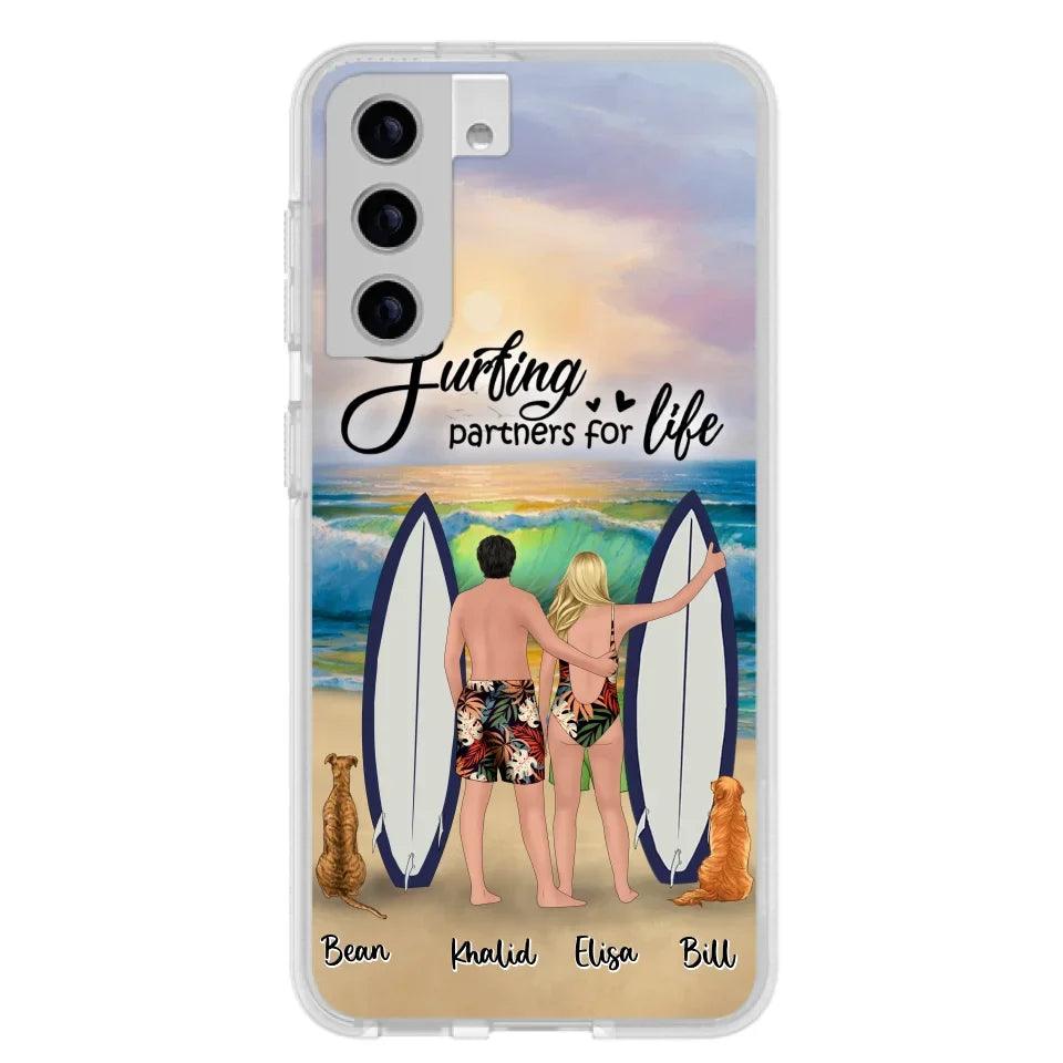 Custom Personalized Surfing Phone Case - Couple And 2 Pets - Phone Case For iPhone and Samsung - Surfing Partners For Life - CCS180
