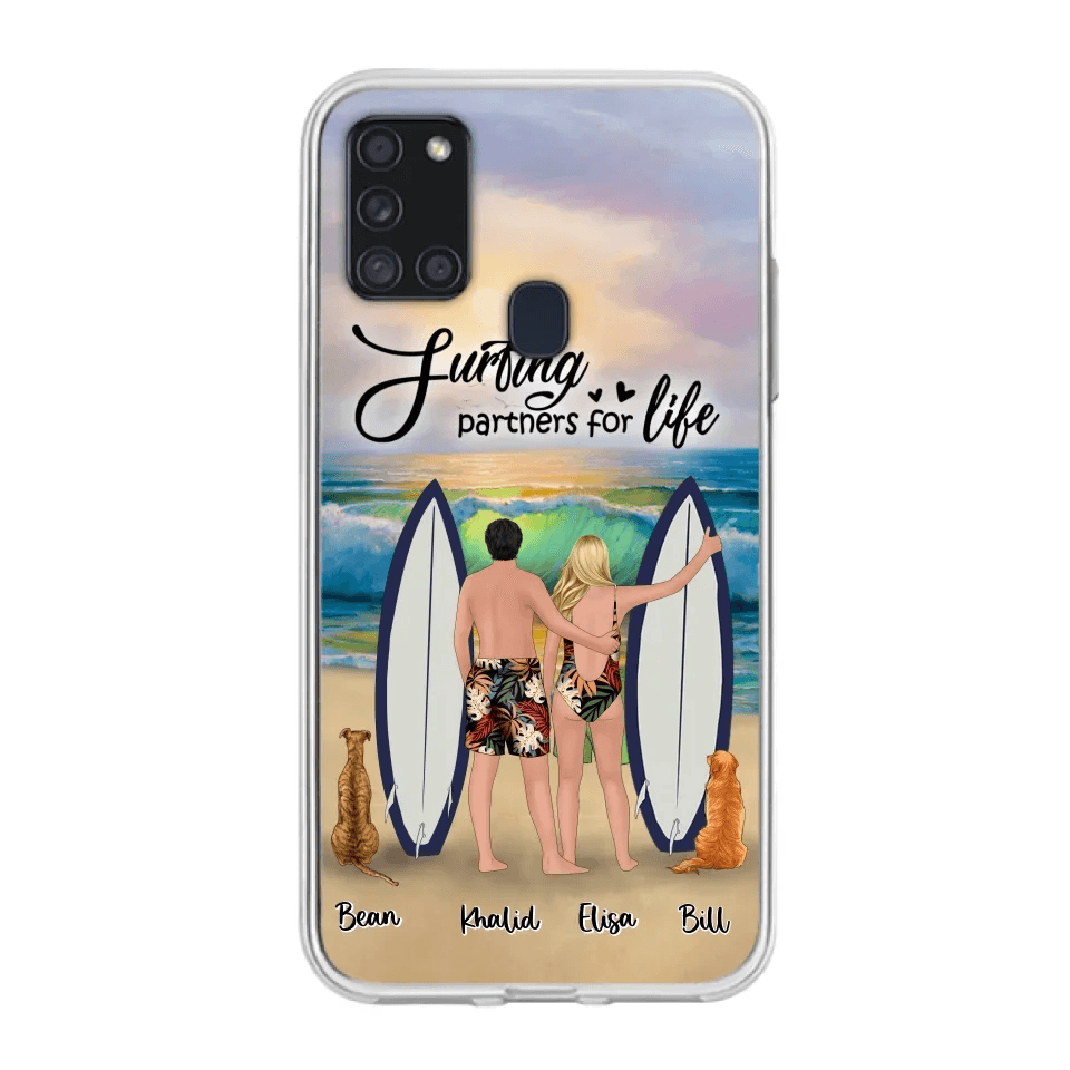 Custom Personalized Surfing Phone Case - Couple And 2 Pets - Phone Case For iPhone and Samsung - Surfing Partners For Life - CCS180