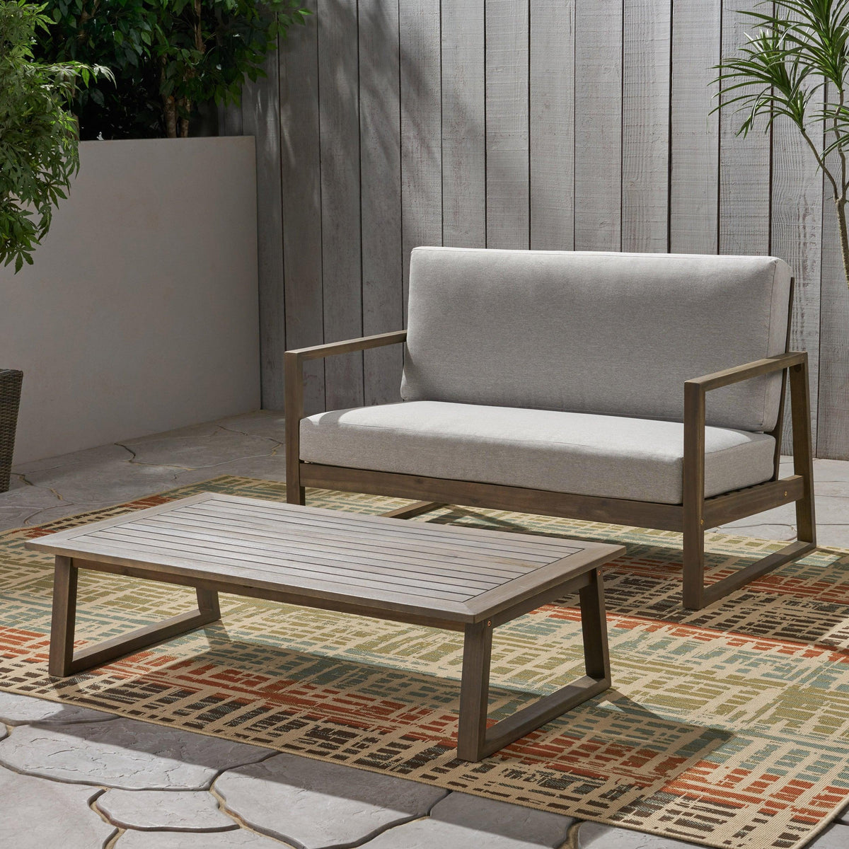 Grey Acacia Wood Outdoor Loveseat and a Table