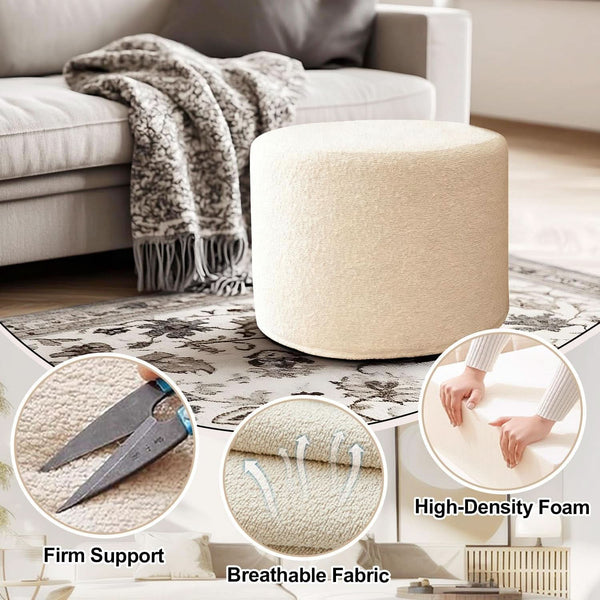 Round Ottoman Foot Rest 17x17x14 White Boucle Fabric