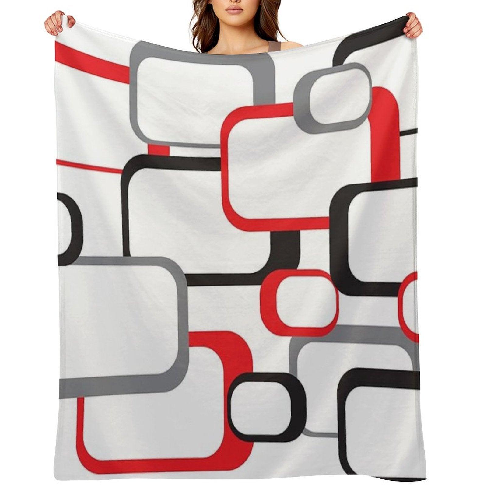 Retro Square Pattern Black Red Gray White Throw Blanket