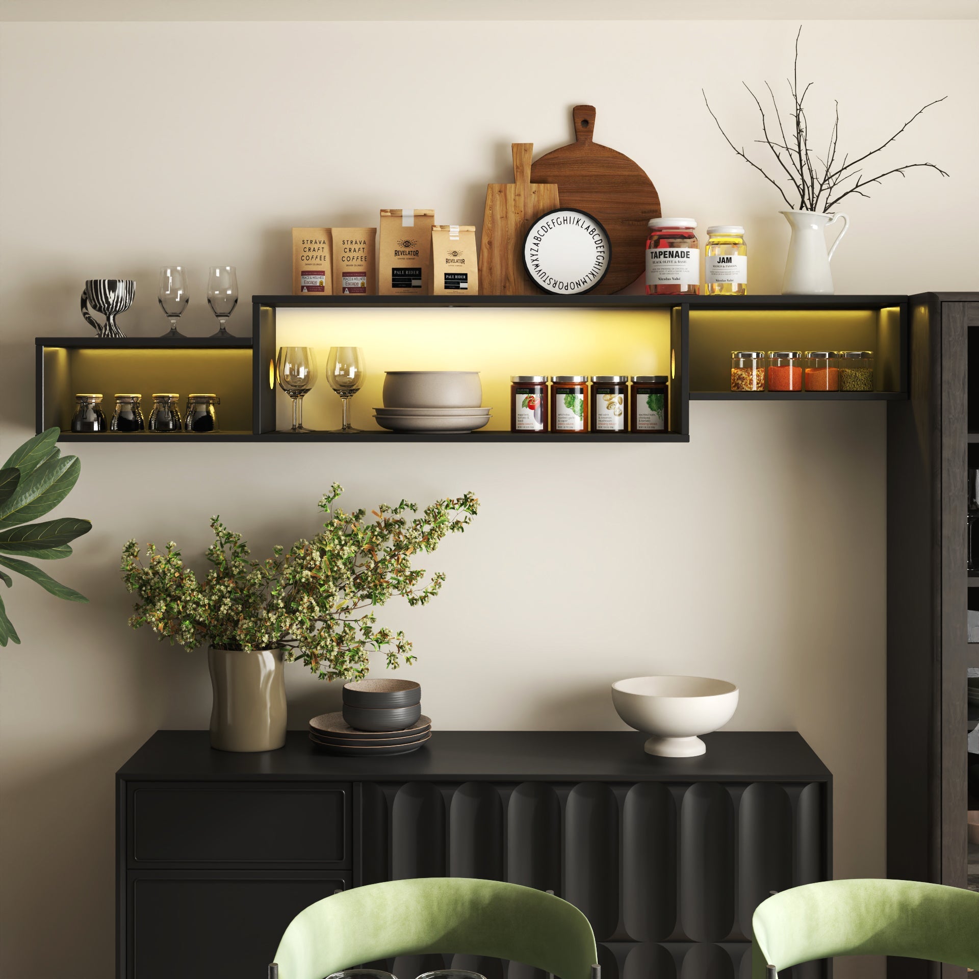 Wall Mounted Floating TV Stand with LEDs and Charging Station for Living Room