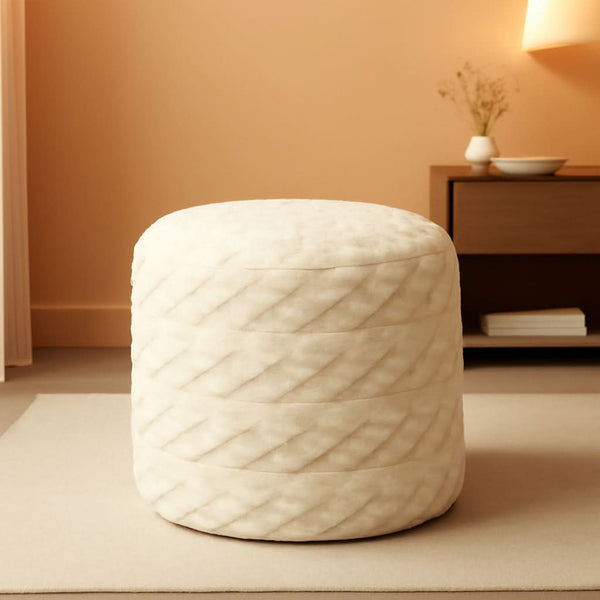 Beige Velvet Texture FauxFur Memory Foam Round Ottoman