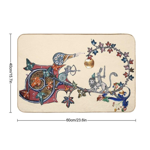 WEIRD MEDIEVAL BESTIARY WAR Between Snails And Killer Rabbit Riding Lion by Bulgan Lumini Bath Mat
