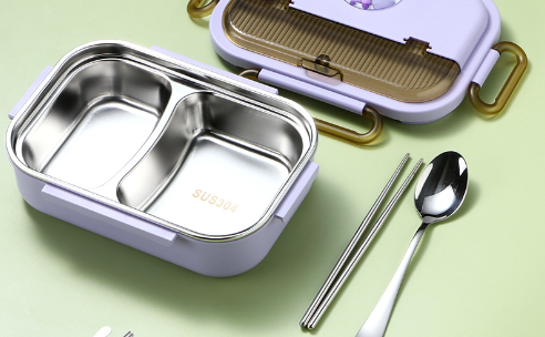 Microwaveable stainless steel compartmentalized insulated lunch box with cutlery
