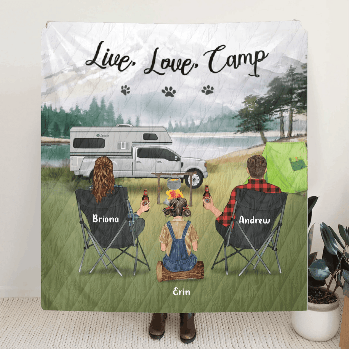 Personalized Camping Quilt Blanket - Parents Up to 3 Kids & 3 Dogs - Gift Idea For The Whole Family - Live, Love, Camp - 341148