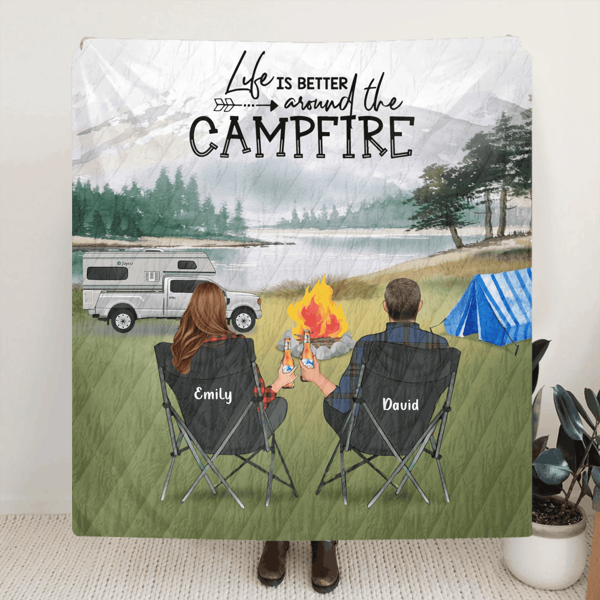 Personalized Camping Quilt - Couple Up to 3 Dogs - Gift For Couple - Life Is Better Around The Campfire V2 - OFAWC7